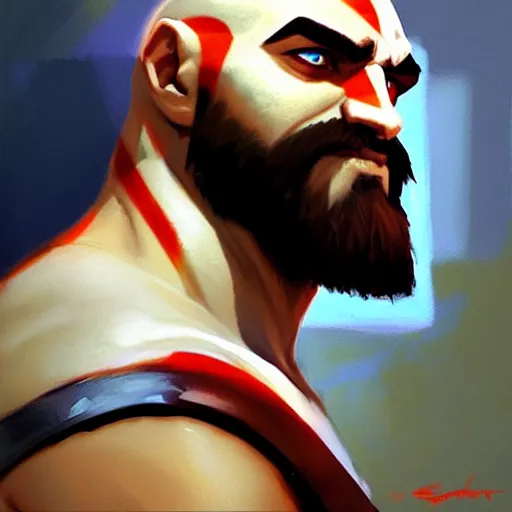 Prompt: Greg Manchess portrait painting of Kratos as Overwatch character, medium shot, asymmetrical, profile picture, Organic Painting, sunny day, Matte Painting, bold shapes, hard edges, street art, trending on artstation, by Huang Guangjian and Gil Elvgren and Sachin Teng