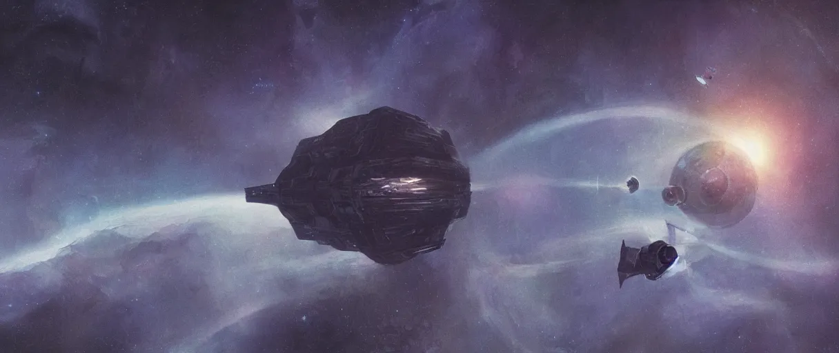 Image similar to concept art, a single lonely spaceship drifting in space, exploring the void, the expanse tv series, industrial design, lost in the immensity of space, spatial phenomenon, space debris, cinematic lighting, 4k, greebles, widescreen ratio, wide angle, beksinski, sharp and blocky shapes