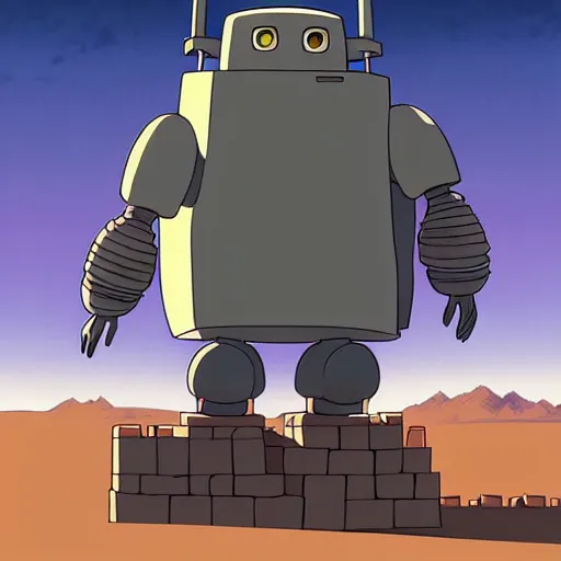 Prompt: a study of cell shaded cartoon of a grey robot from howl's moving castle ( 2 0 0 4 ) building pyramids on a desert road, full body, wide shot, very muted colors, post grunge, studio ghibli, laurie greasley, highly detailed, deviantart, art by artgem