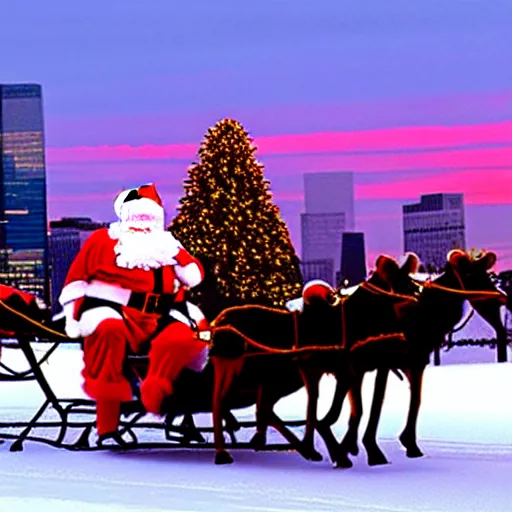 Prompt: santa claus in a sleigh with reindeers in front of world trade center with a beautiful sunset in the background