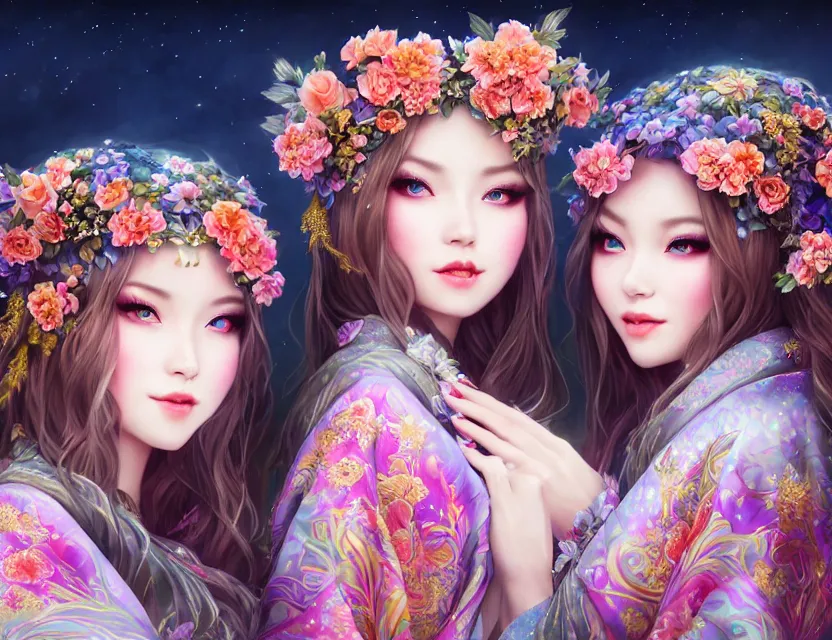 Image similar to two beautiful alluring siberian girls wear fantasy kimono in festival | | sunny night, full moon, dreamlike art, realistic shaded, smile, good looking, hyper details, 4 k realistic, cryengine, realistic shaded lighting poster by artgerm, ross tran, fuji choko, 8 k resolution, trending on artstation, luxury