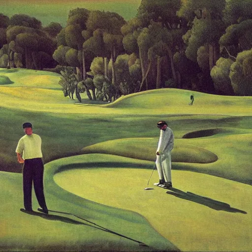 Image similar to Three golfers on a beautiful golf course, by Diego Rivera