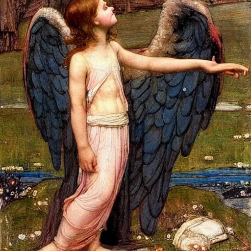 Image similar to An angel losing their wings calmly in the style of John William Waterhouse