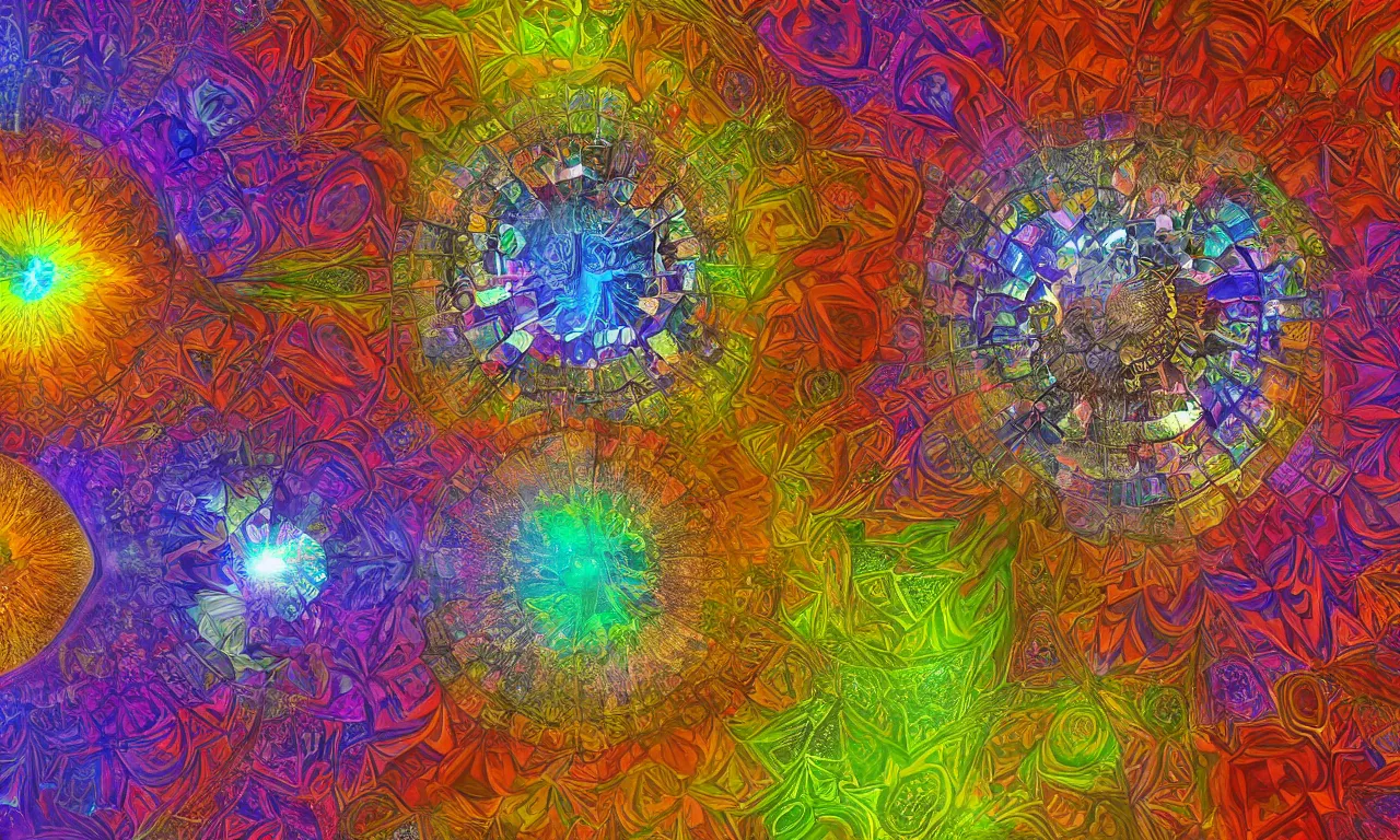 Image similar to voronoi engine laboratory 3 d volume kaleidoscope mandala fractal chakra digital multicolor stylized concept substance liquid nebula stone, a spectacular view cinematic rays of sunlight comic book illustration, by john kirby radiating a glowing aura global illumination ray tracing hdr depth fog overlay multiply photoshop layer