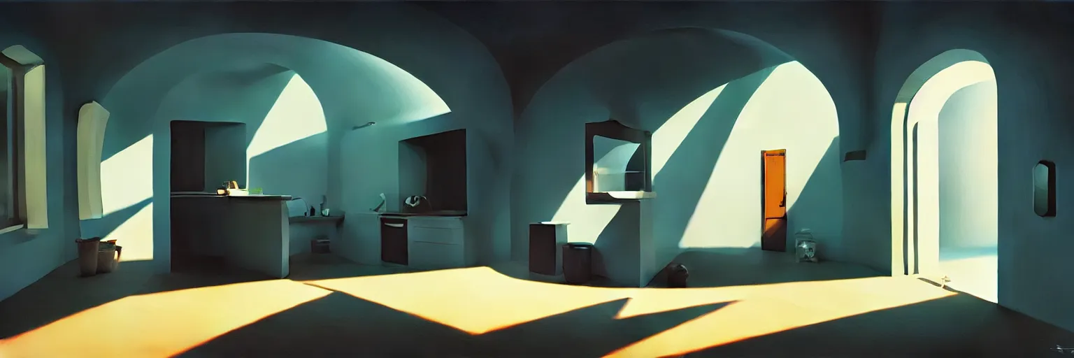 Prompt: volumetric shadows, volumetric lighting, black goya painting, el grego, fisheye, curved perspective, naive, extra narrow, by rhads, an underground kitchen with large floor