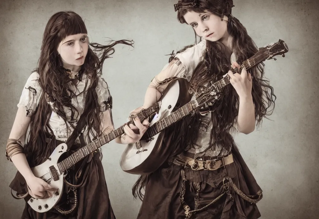 Image similar to girl playing guitar, steampunk, still, photoreal, gallery