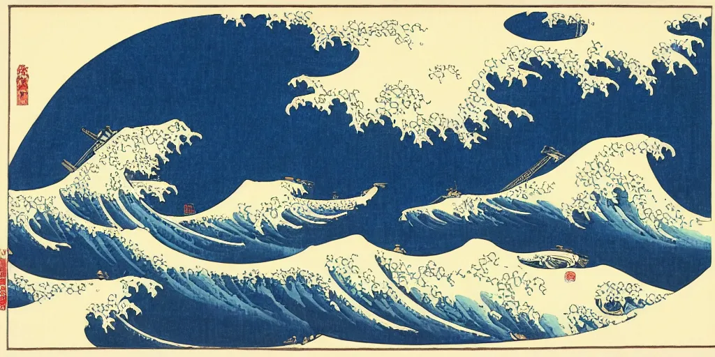 Prompt: A painting of nn aircraft carrier on the Great Wave, by Hokusai