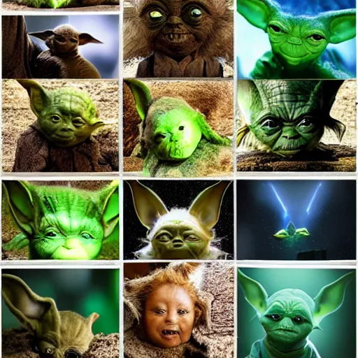 Prompt: various members of Yoda's species interacting with eachother on their home planet, nature photography