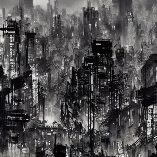 Image similar to concept art of tokyo city taken from drone by yoji shinkawa and ashley wood and j. m. w. turner, speed painting, photo bash, cinematic angle, super detailing, monochrome