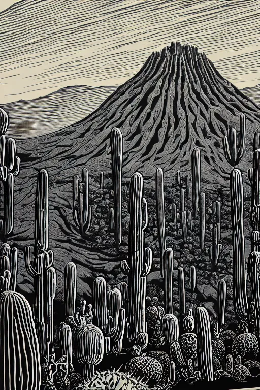 Image similar to art by brian reedy, a beautiful black ink linocut print of the giant cactus forest baja mexico, 8 k, frostbite 3 engine, cryengine, ground level shot, dof, trending on artstation, digital art, crepuscular ray