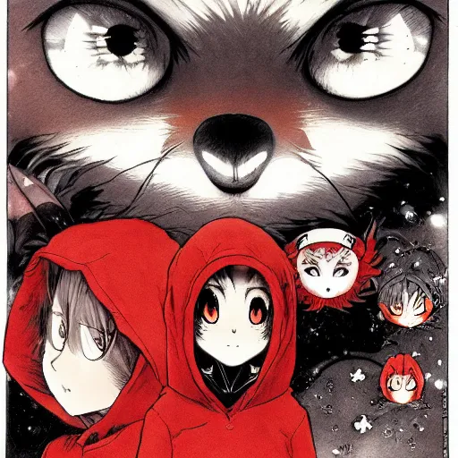 Prompt: big anime eyes the little fox demon wearing a red hoodie under stars mark riddick alexey egorov inio norman rockwell asano mangaka