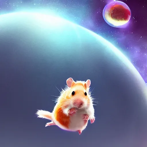 Image similar to Epic digital art of cute hamster flying in galaxy, the best on ArtStation, cinematic, detalied, high quality, profesional, 8k, CGSociety,