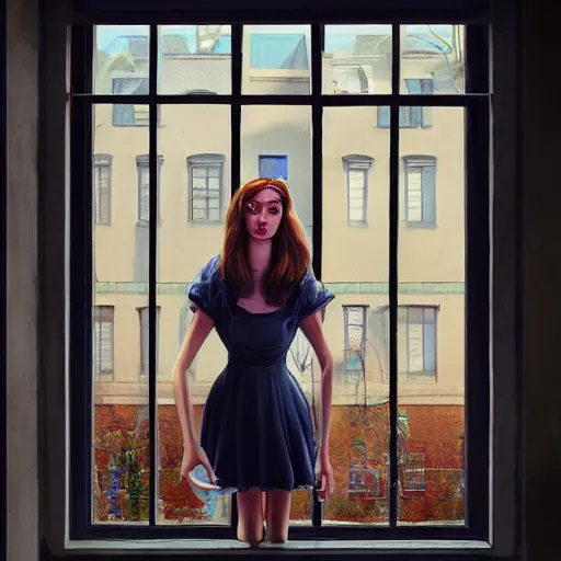 Image similar to Lofi portrait at a window, Pixar style by Stanley Artgerm and Tom Bagshaw and Tristan_Eaton and Tim Burton