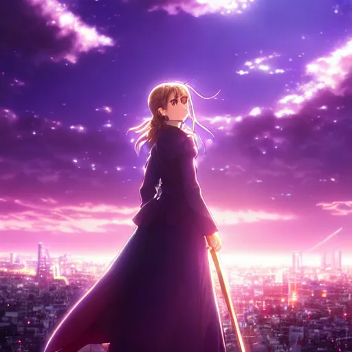 Image similar to medium portrait emma watson in heavens feel movie, detailed face, violet evergarden, tokyo, ufotable, key visual, cinematic, city background, night time, street, fate stay night, unlimited blade works, greg rutkowski, high resolution, street clothes, anime, high budget