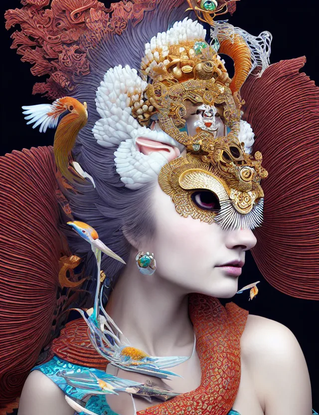 Image similar to 3 d goddess close - up profile portrait with crown, ram skull. beautiful intricately detailed japanese crow kitsune mask and clasical japanese kimono. betta fish, jellyfish phoenix, bio luminescent, plasma, ice, water, wind, creature, artwork by tooth wu and wlop and beeple and greg rutkowski