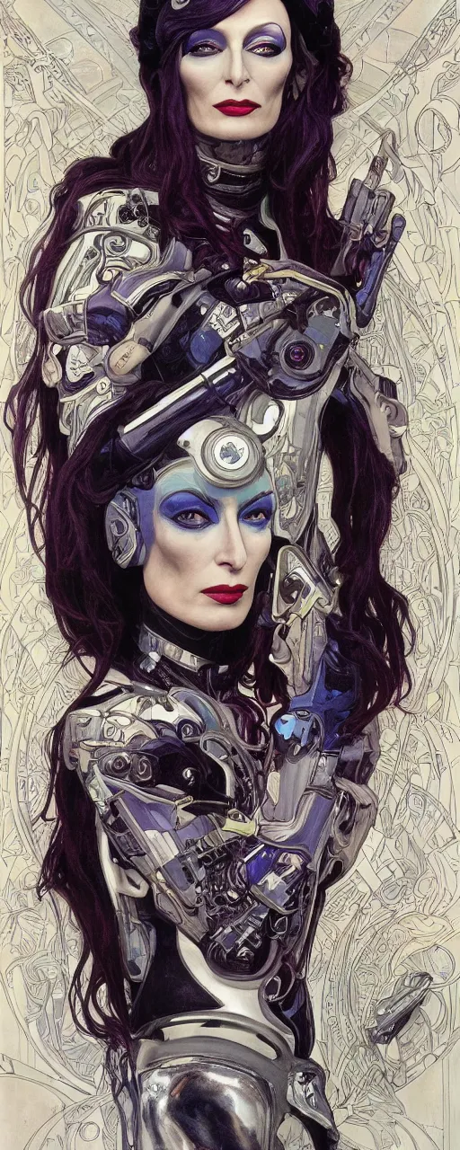 Image similar to a beautiful and captivating sci - fi art nouveau style portrait of anjelica huston as a futuristic gothpunk rebel soldier by chris achilleos, travis charest and alphonse mucha, mixed media painting, photorealism, extremely hyperdetailed, perfect symmetrical facial features, perfect anatomy, ornate declotage, circuitry, technical detail, confident expression, wry smile
