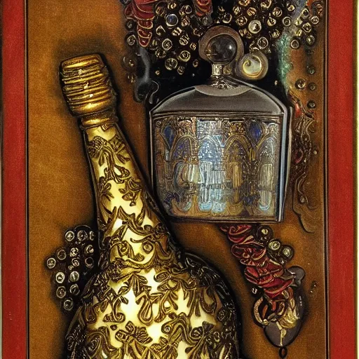 Prompt: An elegant hand grabsan ornate Djinn bottle spewing smoke, The hand is surrounded by piles of sparkling treasure, ornate hand, jewels, Byzantine