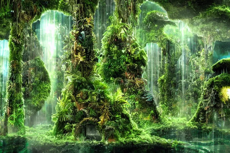 Image similar to high - tech atlantean scifi ruins in the jungle covered in moss, hologram projections, forest spirits dancing, fantasy concept art