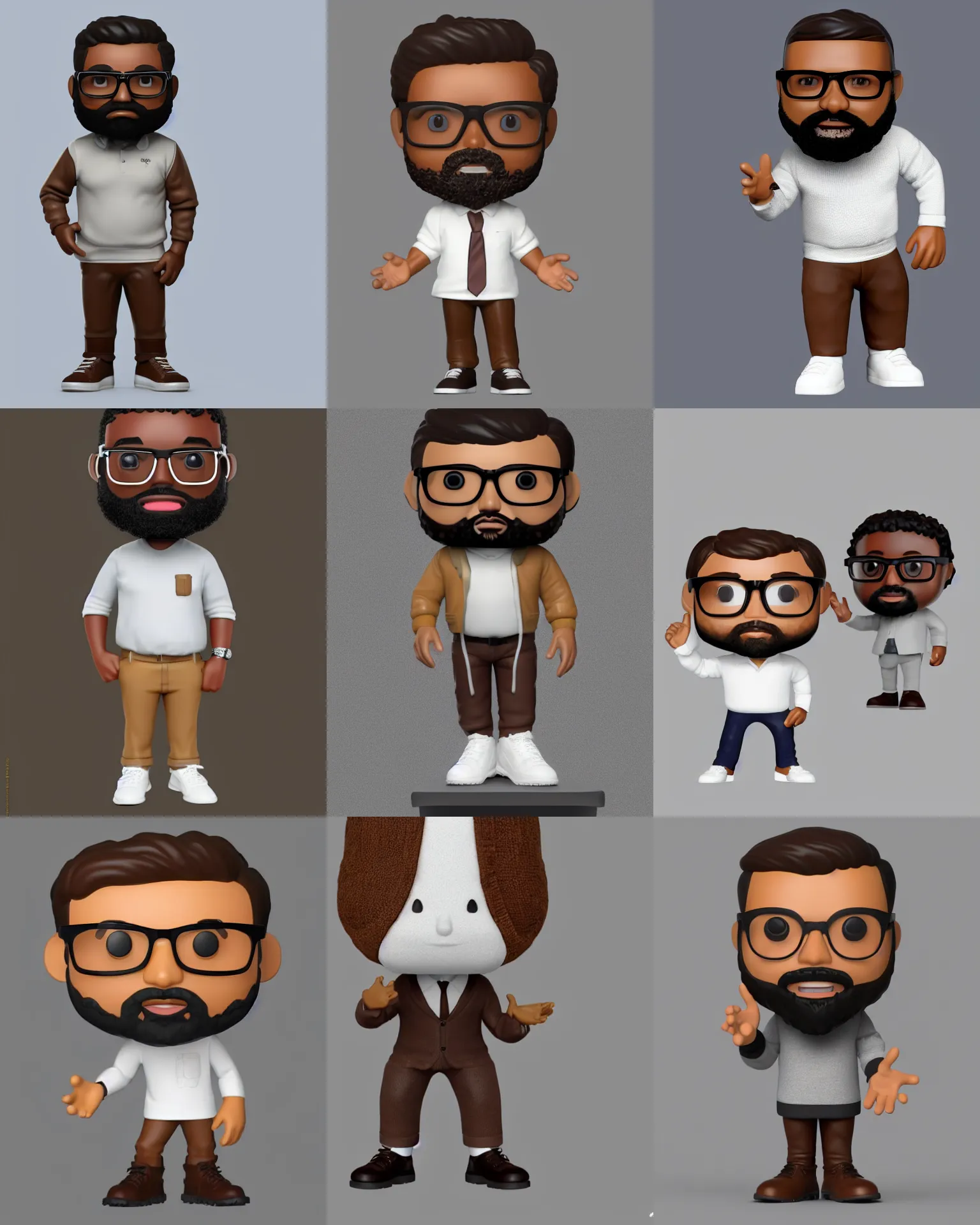 Prompt: full body 3d render of brown man with beard, glasses, brown pullover, white collar, as a full body funko pop!, studio lighting, grey background, single body, no shadow, blender, trending on artstation, 8k, highly detailed