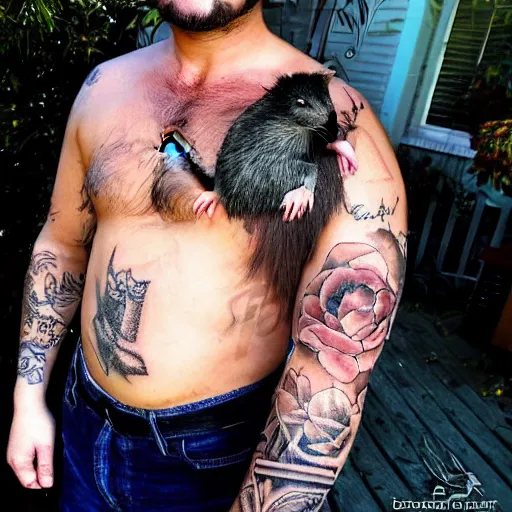 Prompt: A photograph of a beautiful gorgeous attractive man in his 40s with a live rat tattooed on his right chick.