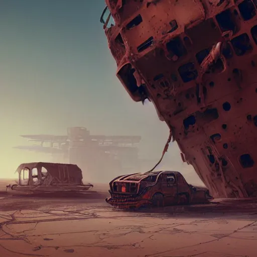 Prompt: the rusted carcass of an ancient cargo ship in a desert, futuristic, intricate, octane render, detailed futuristic matte painting by Simon Stalenhag and by Greg Rutkowski