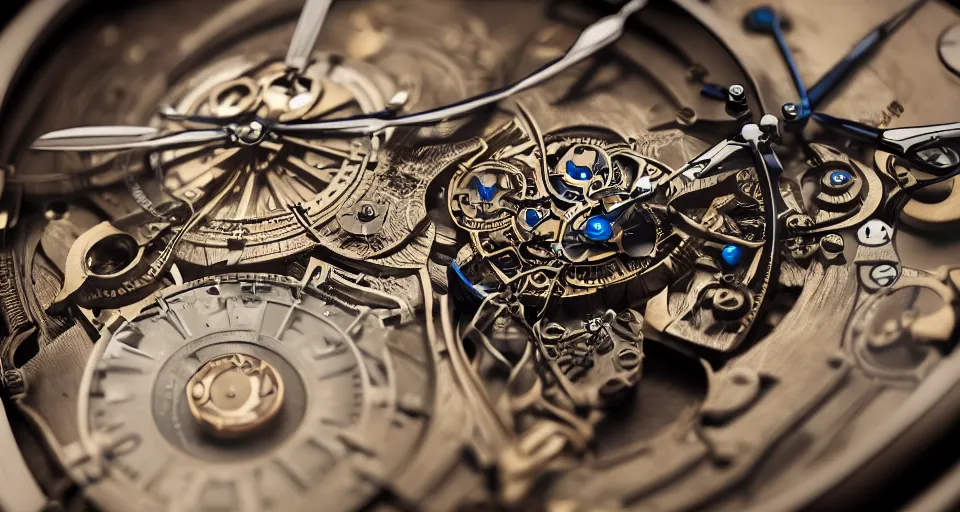 Prompt: complex 3 d render of a futuristic steampunk watch lying on a table, high detail, sharp focus, glowing interior components, intricate detail, depth of field, bokeh, cinematic lighting and composition, octane render, film grain, bovet fleurier