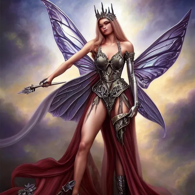 Image similar to beautiful!! adult armoured fairy queen artgerm anne stokes highly detailed 8 k hdr smooth sharp focus high resolution award - winning photo photorealistic