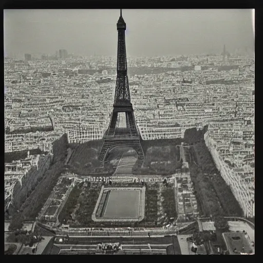 Image similar to extensive smoke rising from the top of the eiffel tower, aerial view, several police cars and crowds running across the ground, polaroid, 6 0's, hyperrealism, no blur, 4 k resolution, ultra detailed