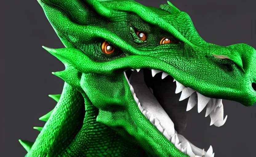 Prompt: green dragon, smiling, studio shot, volumetric lighting, 8 k, real life picture, realistic, hyperdetailed, no blur, shadows