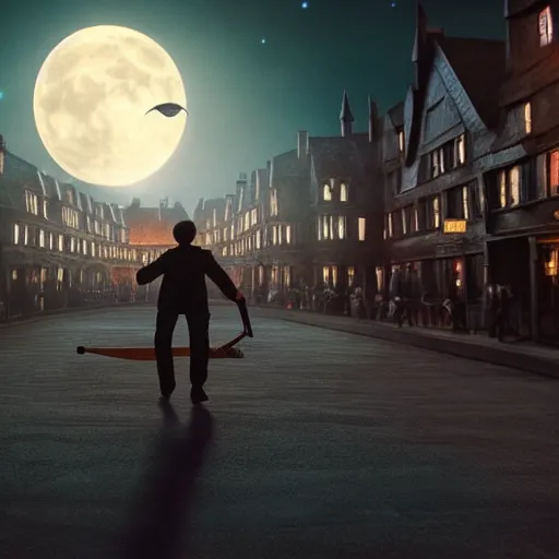 Image similar to Harry potter riding a broomstick, back view, cinematic shot, movie still, nighttime, motion lines, photorealistic, intense scene, visually coherent, symmetry, rule of thirds, movement, vivid colors, crescent moon, Tooth Wu, Asher Duran, Greg Rutkowski, Minor Blur, 8k