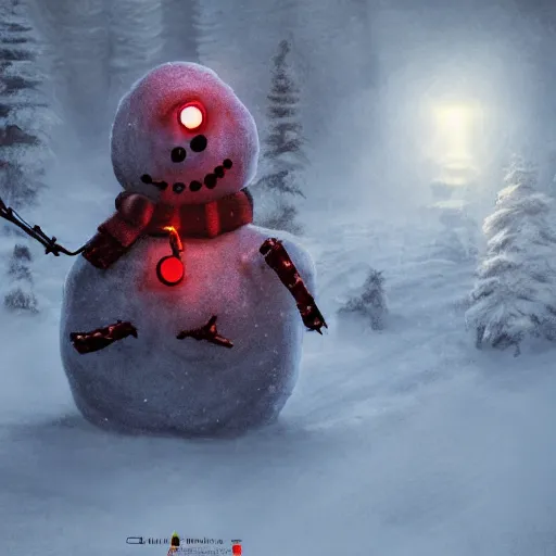 Image similar to a snowman, half made out of cyborg parts, with one glowing red eye, with an evil smile on his face, in the middle of a snow forest, dynamic lighting, photorealistic fantasy concept art, trending on art station, stunning visuals, creative, cinematic, ultra detailed