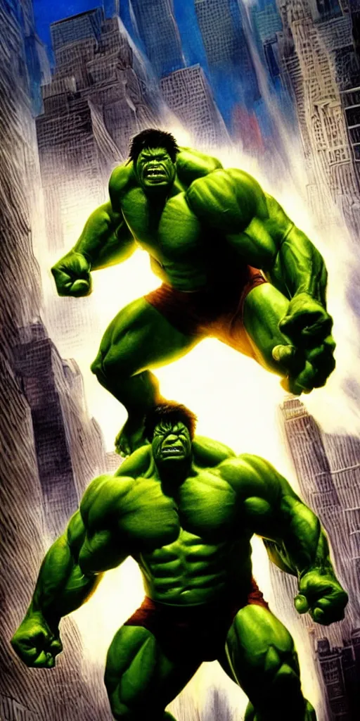 Image similar to a portrait of the incredible hulk looking angry in new york city by alex ross dramatic lighting.