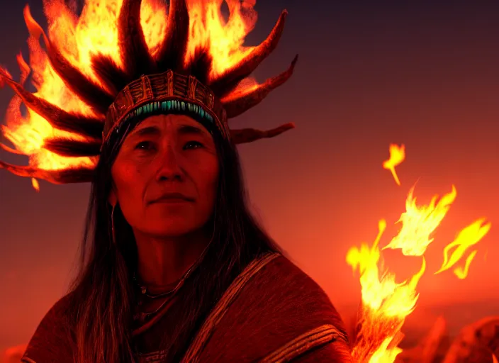 Image similar to shaman behind bonfire twilight hyper realistic cinematic art 4 k great view high quality