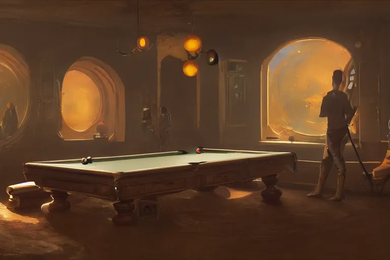 Image similar to a billiards table with planets for balls, matte painting, long shot, concept art, wide shot, digital art, trending on artstation, 4 k, extremely detailed, realistic, midday, warm colors, golden sunlight, by greg rutkowski, cinematic, epic