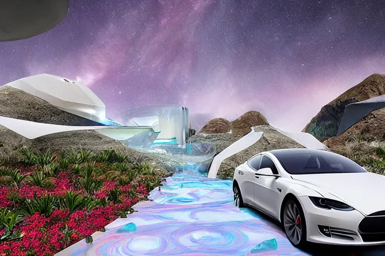 Image similar to futuristic tesla street with Singaporean lush onsen with royal white and pink and white and luxurious gold colors, advanced civilization, high-end onsen, at the Salar De Uyuni, Hexagonal formations on the surface of salt crystallization, combined between sedimentary deposits, bubbling geysers, interstellar night reflection of the sky, intricate, elegant, luxurious, digital painting, concept art, smooth, sharp focus, from Star Trek 2021, illustration, by WLOP and Ruan Jia and Mandy Jurgens and William-Adolphe Bouguereau, Artgerm