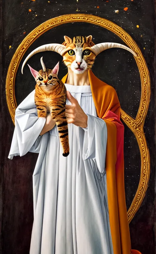 Image similar to a bipedal cat that has goat horns, anthropomorphic cat that is wearing robes, oil painting, by sandro botticelli, dnd, character reveal, cosmic, magical, fog, noble, full body portrait, intricate, ornate, extremely detailed, cult, ritual, 4 k, 8 k