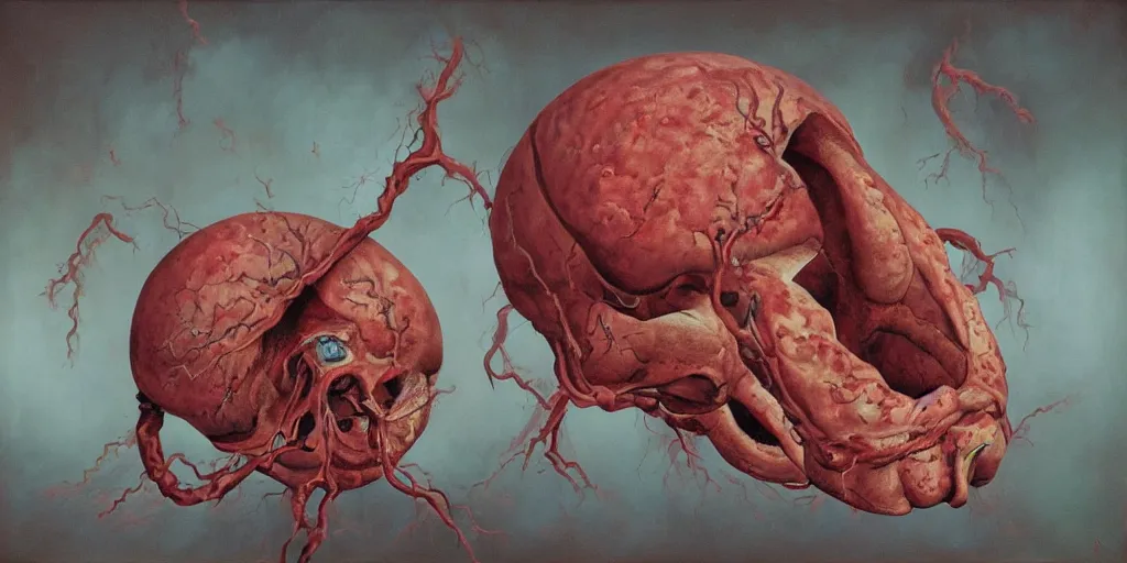 Image similar to surreal painting of giant teratoma tumor in a room