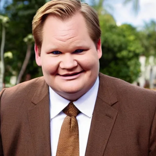 Prompt: Andy Richter is wearing a chocolate brown suit and necktie. Andy is standing outside in the bright sun. His face has an uncomfortable expression.