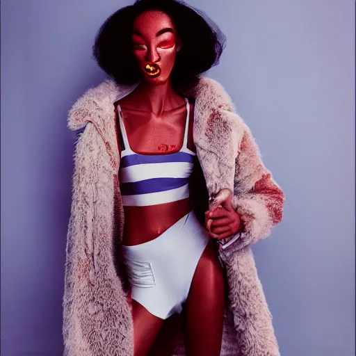 Image similar to realistic photoshooting for a new balenciaga lookbook, vhs colour photography, portrait of model Winnie Harlow woman, in style of Tyler Mitchell, 35mm,