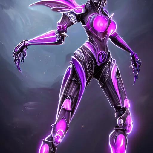 Image similar to highly detailed exquisite fanart, of a beautiful female warframe, but as an anthropomorphic robot dragon with glowing purple eyes, shiny silver sleek armor with fuchsia accents, engraved, elegant pose, close-up shot, full shot, epic cinematic shot, sharp claws for hands, long tail, professional digital art, high end digital art, singular, realistic, DeviantArt, artstation, Furaffinity, 8k HD render