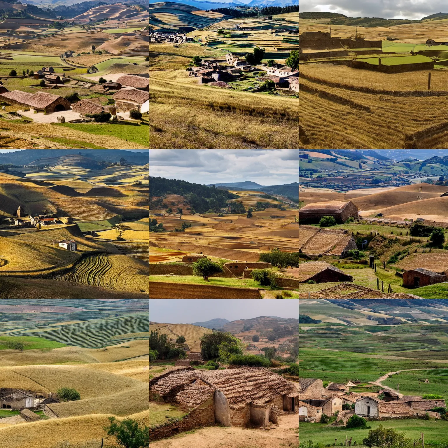 Prompt: an ancient farming village located in a vast landscape of golden windswept hills