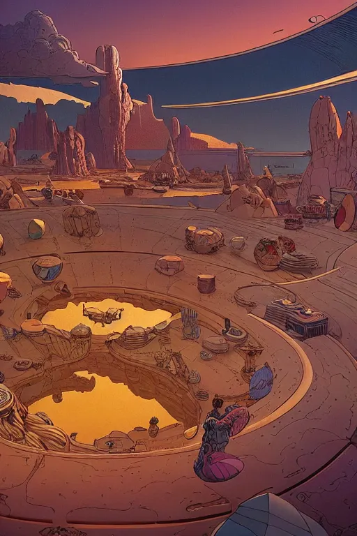 Image similar to photograph of vast and detailed cinematic set design, real dslr, in a world inspired by jean giraud moebius and geoff darrow