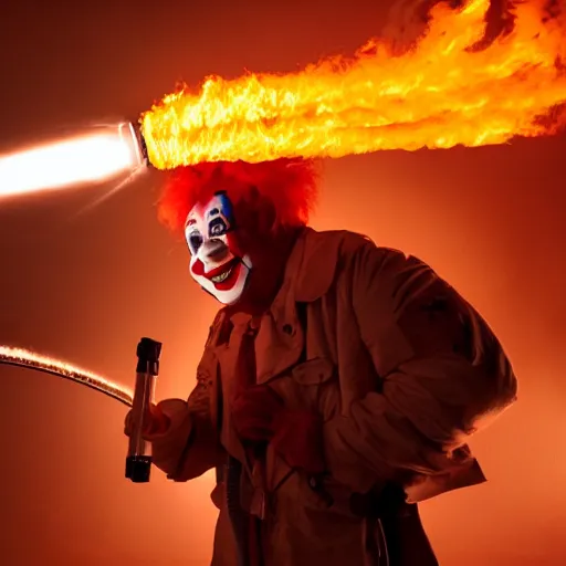 Prompt: photo of a clown using a flamethrower projecting a long flame. Cinematic, epic