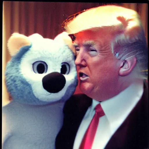 Image similar to polaroid photograph of donald trump at a furry convention, posing with a fursuit