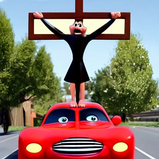 Prompt: car jesus christ on the cross crucifixion as a car, as a car from the movie pixar's cars 2,