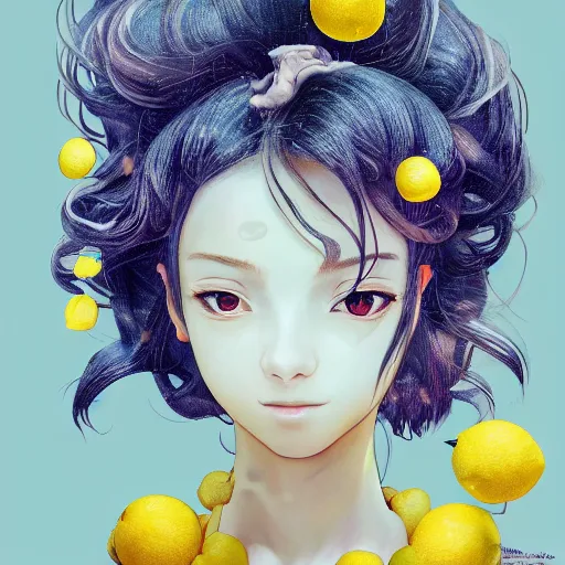 Image similar to the portrait of an absurdly beautiful, graceful, elegant, sophisticated, young teen anime girl made up of lemons looking up, an ultrafine hyperdetailed illustration by kim jung gi, irakli nadar, intricate linework, bright colors, octopath traveler, final fantasy, unreal engine 5 highly rendered, global illumination, radiant light, detailed and intricate environment