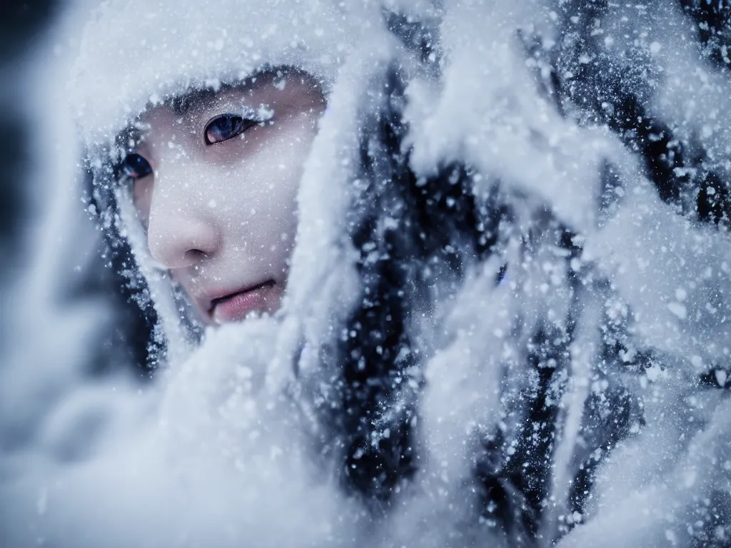 Prompt: the piercing stare of yuki onna, snowstorm, blizzard, mountain snow, canon eos r 6, bokeh, outline glow, asymmetric beauty, blue skin
