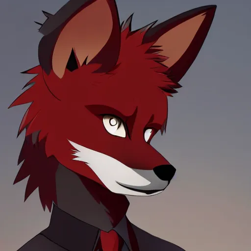 Prompt: key anime visual professional art of a close shot of an anthropomorphic black male fox anthro fursona, wearing a pomegrante colored business suit, handsome male eyes, anime office interior, official anime still