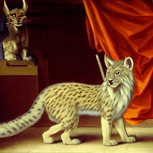 Prompt: an oil painting!!!!!!!!!!! of a king lynx in court circa 1800,