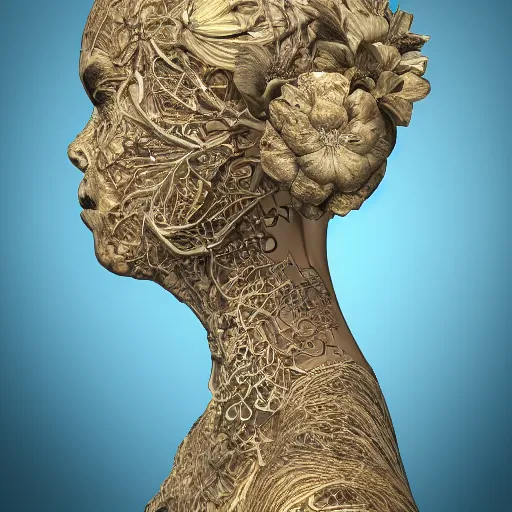 Image similar to beatifull face portrait of a woman, 150 mm, anatomical, flesh, flowers, mandelbrot fractal, facial muscles, veins, arteries, intricate, golden ratio, full frame, microscopic, elegant, highly detailed, ornate, ornament, sculpture, elegant , luxury, beautifully lit, ray trace, unreal, 3d, PBR, in the style of peter Gric , alex grey and Romero Ressendi